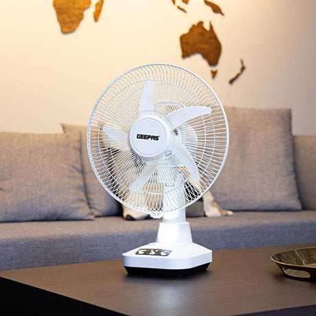 Geepas GF21118 12'' Rechargeable Fan - 2 Speed Settings with 6 Hours Continuous Working & 24 Hours LED Light | 5000 Mah Battery | Ideal for Office, Home & Outdoor Use - Al Kabayel Dicount CenterGeepas GF21118 12'' Rechargeable Fan - 2 Speed Settings with 6 Hours Continuous Working & 24 Hours LED Light | 5000 Mah Battery | Ideal for Office, Home & Outdoor UseDESK FANSgeepassAl Kabayel Dicount Center