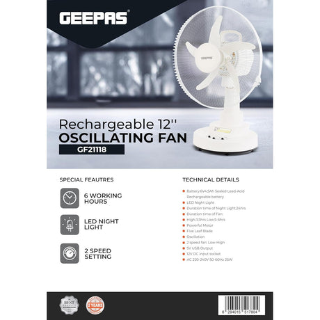 Geepas GF21118 12'' Rechargeable Fan - 2 Speed Settings with 6 Hours Continuous Working & 24 Hours LED Light | 5000 Mah Battery | Ideal for Office, Home & Outdoor Use - Al Kabayel Dicount CenterGeepas GF21118 12'' Rechargeable Fan - 2 Speed Settings with 6 Hours Continuous Working & 24 Hours LED Light | 5000 Mah Battery | Ideal for Office, Home & Outdoor UseDESK FANSgeepassAl Kabayel Dicount Center