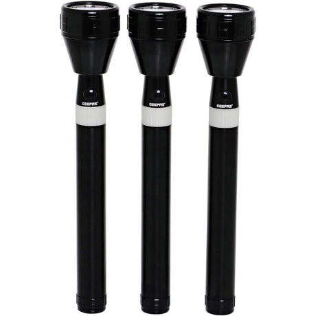 Geepas GFL4658 Rechargeable LED Flashlight, Set of 3| Hyper Bright White 2000 Meters Range Portable Torch High Beam LED Flashlight| Water Proof Pocket Flashlight with Charger, battery - Al Kabayel Dicount CenterGeepas GFL4658 Rechargeable LED Flashlight, Set of 3| Hyper Bright White 2000 Meters Range Portable Torch High Beam LED Flashlight| Water Proof Pocket Flashlight with Charger, batteryHandheld FlashlightsgeepassAl Kabayel Dicount Center