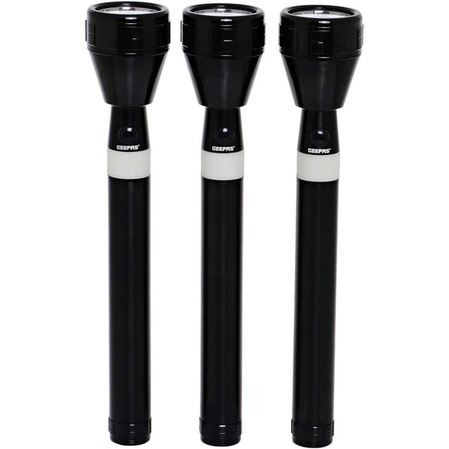 Geepas GFL4658 Rechargeable LED Flashlight, Set of 3| Hyper Bright White 2000 Meters Range Portable Torch High Beam LED Flashlight| Water Proof Pocket Flashlight with Charger, battery - Al Kabayel Dicount CenterGeepas GFL4658 Rechargeable LED Flashlight, Set of 3| Hyper Bright White 2000 Meters Range Portable Torch High Beam LED Flashlight| Water Proof Pocket Flashlight with Charger, batteryHandheld FlashlightsgeepassAl Kabayel Dicount Center