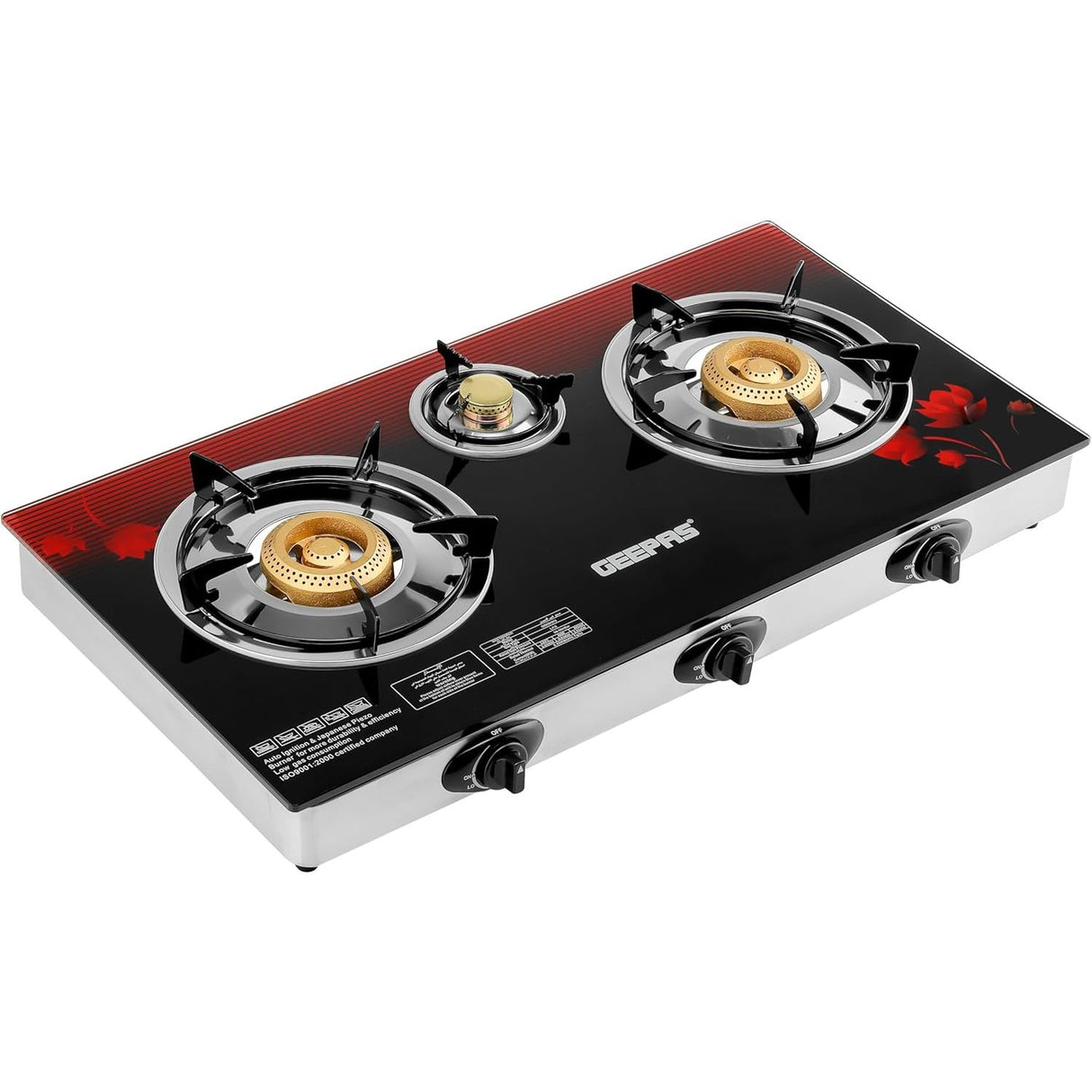 Geepas GGC31012 3 - Burner Gas Cooker Size 70mm, 40mm & 90mm Respectively - Ergonomic Design, Automatic Ignition, 3 Heating Zones |Stainless Steel Frame & Tray - Al Kabayel Dicount CenterGeepas GGC31012 3 - Burner Gas Cooker Size 70mm, 40mm & 90mm Respectively - Ergonomic Design, Automatic Ignition, 3 Heating Zones |Stainless Steel Frame & TrayGAS STOVEgeepassAl Kabayel Dicount Center