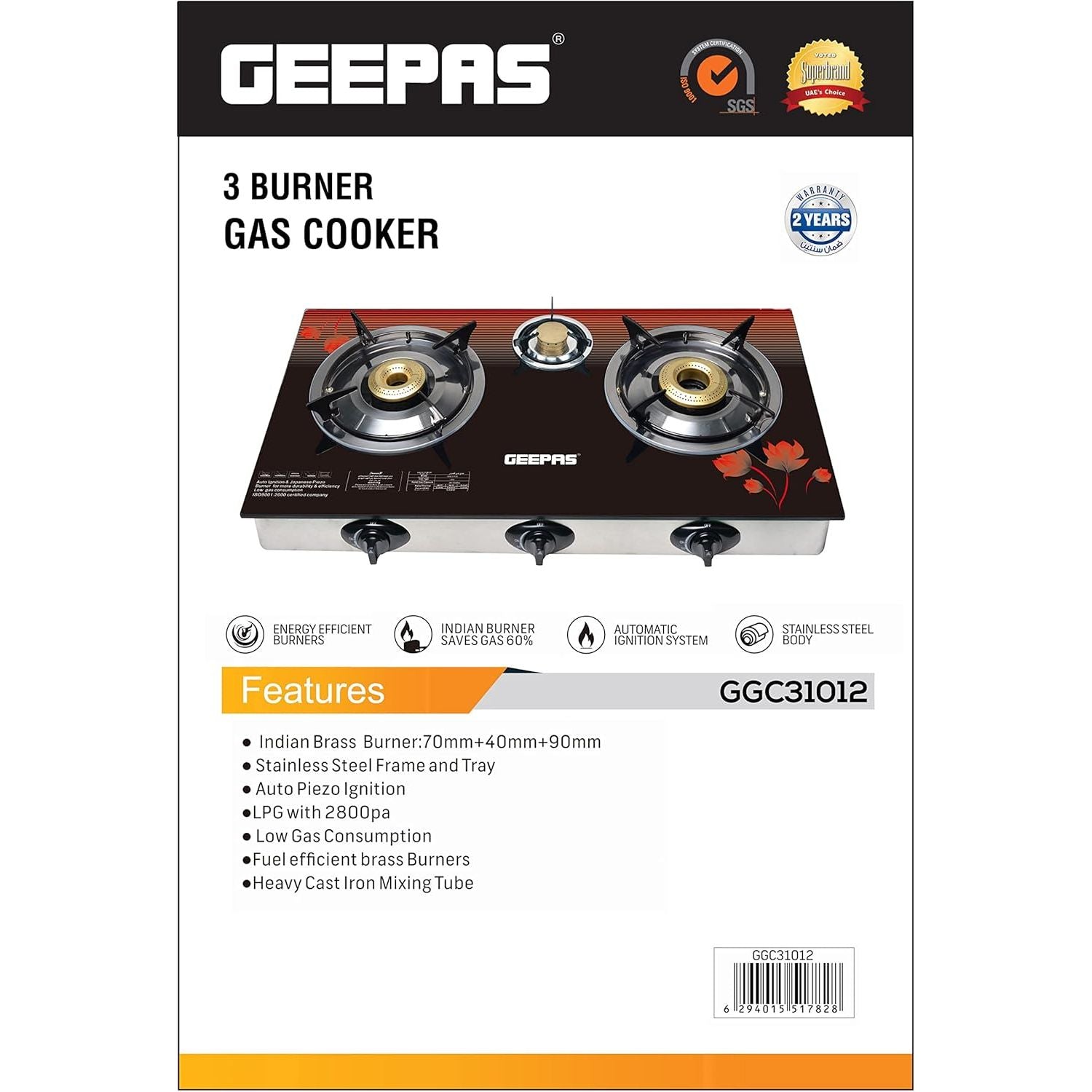 Geepas GGC31012 3 - Burner Gas Cooker Size 70mm, 40mm & 90mm Respectively - Ergonomic Design, Automatic Ignition, 3 Heating Zones |Stainless Steel Frame & Tray - Al Kabayel Dicount CenterGeepas GGC31012 3 - Burner Gas Cooker Size 70mm, 40mm & 90mm Respectively - Ergonomic Design, Automatic Ignition, 3 Heating Zones |Stainless Steel Frame & TrayGAS STOVEgeepassAl Kabayel Dicount Center
