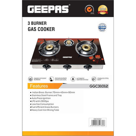 Geepas GGC31012 3 - Burner Gas Cooker Size 70mm, 40mm & 90mm Respectively - Ergonomic Design, Automatic Ignition, 3 Heating Zones |Stainless Steel Frame & Tray - Al Kabayel Dicount CenterGeepas GGC31012 3 - Burner Gas Cooker Size 70mm, 40mm & 90mm Respectively - Ergonomic Design, Automatic Ignition, 3 Heating Zones |Stainless Steel Frame & TrayGAS STOVEgeepassAl Kabayel Dicount Center