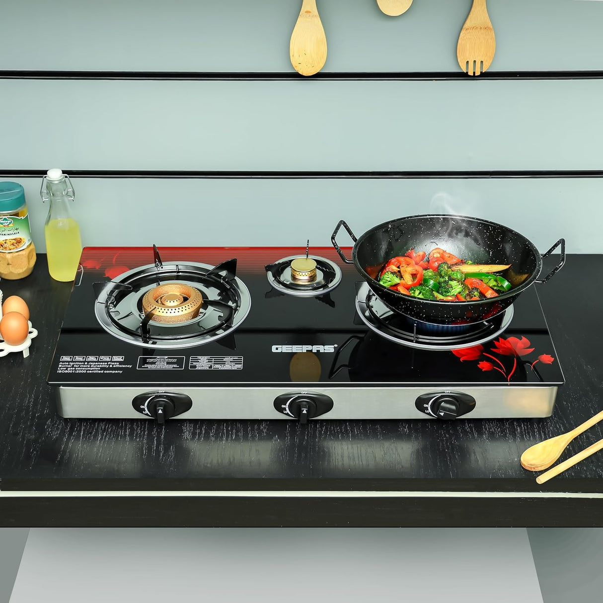Geepas GGC31012 3 - Burner Gas Cooker Size 70mm, 40mm & 90mm Respectively - Ergonomic Design, Automatic Ignition, 3 Heating Zones |Stainless Steel Frame & Tray - Al Kabayel Dicount CenterGeepas GGC31012 3 - Burner Gas Cooker Size 70mm, 40mm & 90mm Respectively - Ergonomic Design, Automatic Ignition, 3 Heating Zones |Stainless Steel Frame & TrayGAS STOVEgeepassAl Kabayel Dicount Center