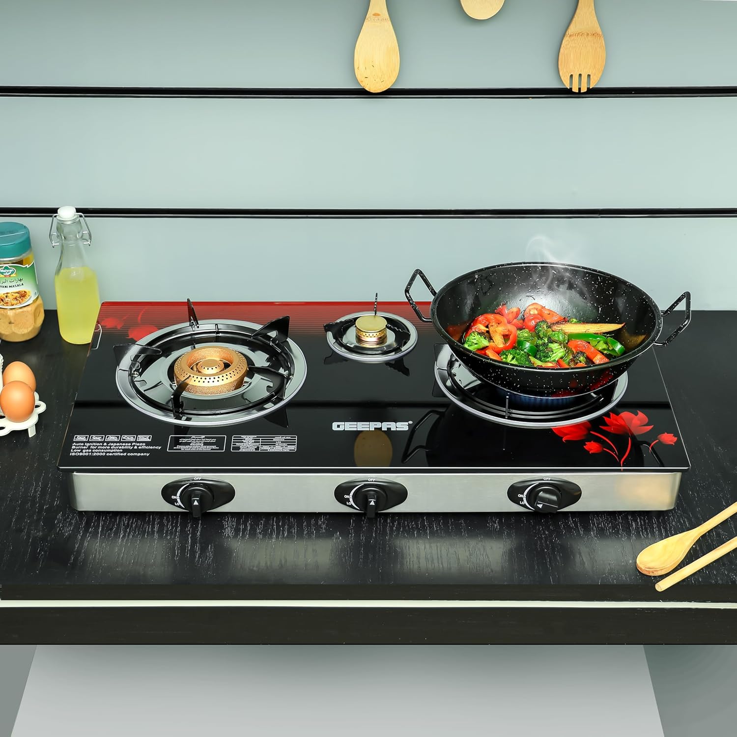 Geepas GGC31012 3 - Burner Gas Cooker Size 70mm, 40mm & 90mm Respectively - Ergonomic Design, Automatic Ignition, 3 Heating Zones |Stainless Steel Frame & Tray - Al Kabayel Dicount CenterGeepas GGC31012 3 - Burner Gas Cooker Size 70mm, 40mm & 90mm Respectively - Ergonomic Design, Automatic Ignition, 3 Heating Zones |Stainless Steel Frame & TrayGAS STOVEgeepassAl Kabayel Dicount Center