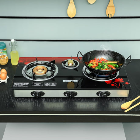 Geepas GGC31012 3 - Burner Gas Cooker Size 70mm, 40mm & 90mm Respectively - Ergonomic Design, Automatic Ignition, 3 Heating Zones |Stainless Steel Frame & Tray - Al Kabayel Dicount CenterGeepas GGC31012 3 - Burner Gas Cooker Size 70mm, 40mm & 90mm Respectively - Ergonomic Design, Automatic Ignition, 3 Heating Zones |Stainless Steel Frame & TrayGAS STOVEgeepassAl Kabayel Dicount Center