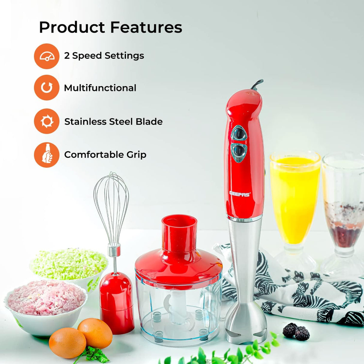 Geepas GHB6136 400W Hand Blender - Stainless Steel Blades with 2 Speed for Baby Food, Soup, Juice | 860ml Chopper Bowl & Electric Egg Whisk - 2 Years Warranty - Al Kabayel Dicount CenterGeepas GHB6136 400W Hand Blender - Stainless Steel Blades with 2 Speed for Baby Food, Soup, Juice | 860ml Chopper Bowl & Electric Egg Whisk - 2 Years WarrantyBlenders, Mixers & Food ProcessorsgeepassAl Kabayel Dicount Center