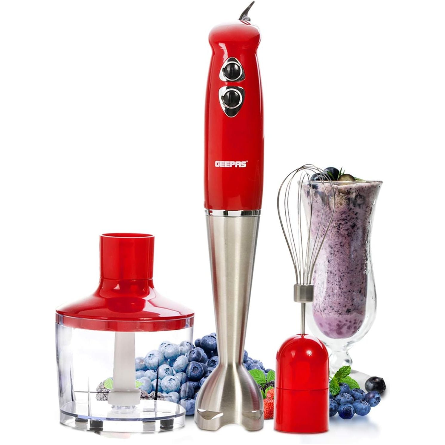 Geepas GHB6136 400W Hand Blender - Stainless Steel Blades with 2 Speed for Baby Food, Soup, Juice | 860ml Chopper Bowl & Electric Egg Whisk - 2 Years Warranty - Al Kabayel Dicount CenterGeepas GHB6136 400W Hand Blender - Stainless Steel Blades with 2 Speed for Baby Food, Soup, Juice | 860ml Chopper Bowl & Electric Egg Whisk - 2 Years WarrantyBlenders, Mixers & Food ProcessorsgeepassAl Kabayel Dicount Center