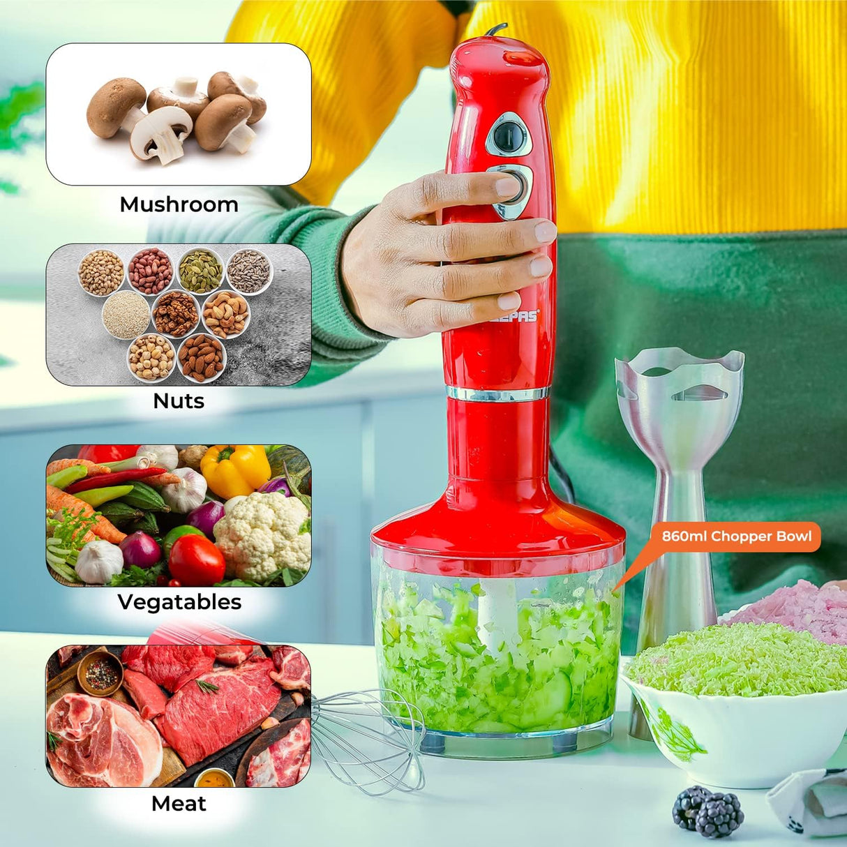 Geepas GHB6136 400W Hand Blender - Stainless Steel Blades with 2 Speed for Baby Food, Soup, Juice | 860ml Chopper Bowl & Electric Egg Whisk - 2 Years Warranty - Al Kabayel Dicount CenterGeepas GHB6136 400W Hand Blender - Stainless Steel Blades with 2 Speed for Baby Food, Soup, Juice | 860ml Chopper Bowl & Electric Egg Whisk - 2 Years WarrantyBlenders, Mixers & Food ProcessorsgeepassAl Kabayel Dicount Center