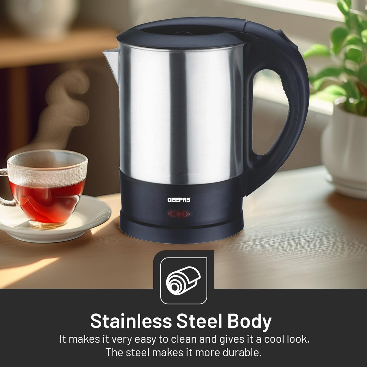 Geepas GK5418 1350W Travel Electric Kettle - Stainless Steel Housing, Boil - Dry & Overheat Protection |Boiler for Hot Water, Tea & Coffee | 1.0L | - Al Kabayel Discount CentreGeepas GK5418 1350W Travel Electric Kettle - Stainless Steel Housing, Boil - Dry & Overheat Protection |Boiler for Hot Water, Tea & Coffee | 1.0L |Electric KettlesGEEPASAl Kabayel Discount Centre