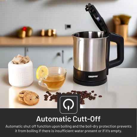 Geepas GK5418 1350W Travel Electric Kettle - Stainless Steel Housing, Boil - Dry & Overheat Protection |Boiler for Hot Water, Tea & Coffee | 1.0L | - Al Kabayel Discount CentreGeepas GK5418 1350W Travel Electric Kettle - Stainless Steel Housing, Boil - Dry & Overheat Protection |Boiler for Hot Water, Tea & Coffee | 1.0L |Electric KettlesGEEPASAl Kabayel Discount Centre