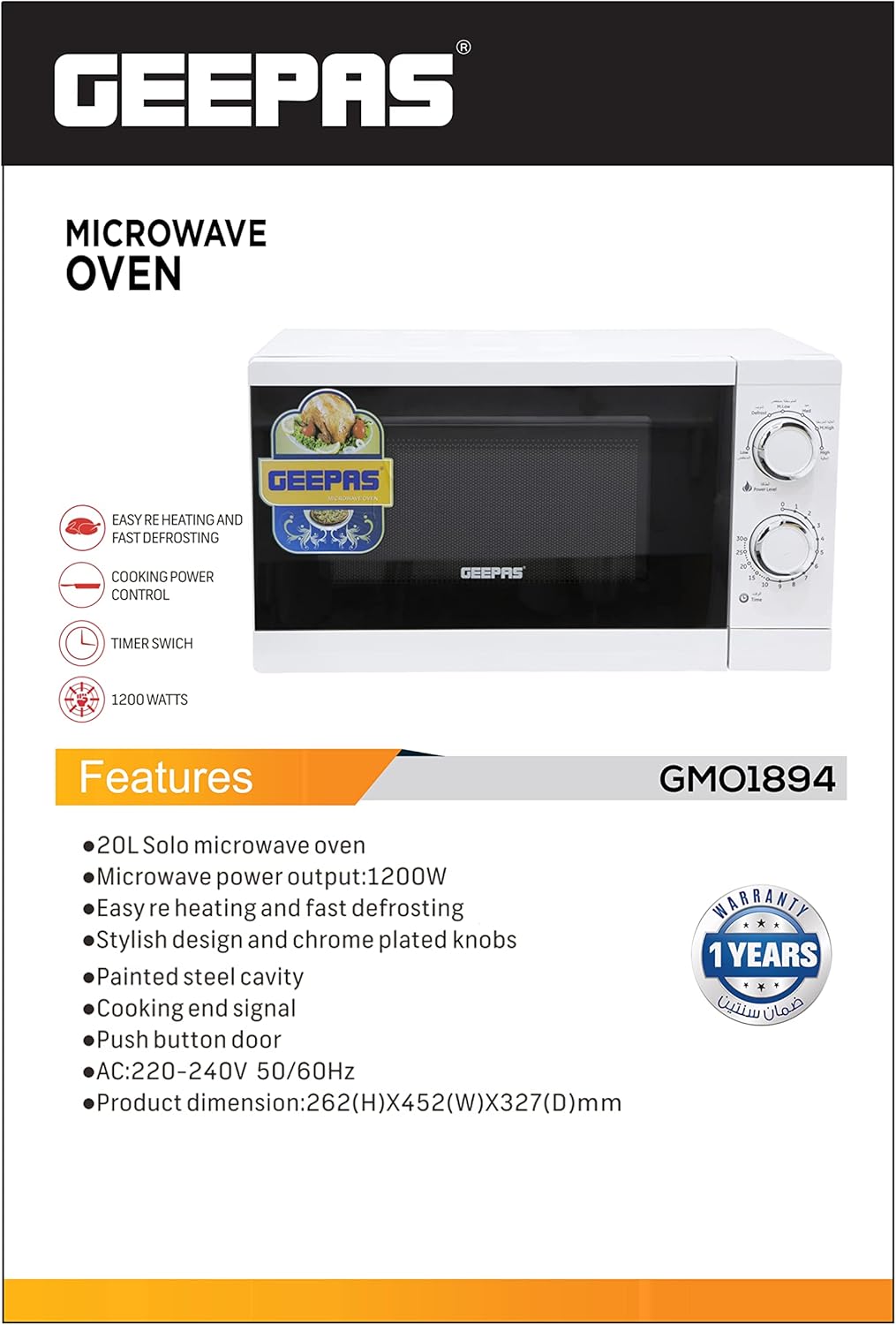Geepas GMO1894 20L Microwave Oven | 1200W Solo Microwave with 6 Power Levels and a Timer | Cooking Power Control with 2 Rotary Dials & Defrost Settings | White - Al Kabayel Discount CentreGeepas GMO1894 20L Microwave Oven | 1200W Solo Microwave with 6 Power Levels and a Timer | Cooking Power Control with 2 Rotary Dials & Defrost Settings | WhiteFood & Drink AppliancesGEEPASAl Kabayel Discount Centre