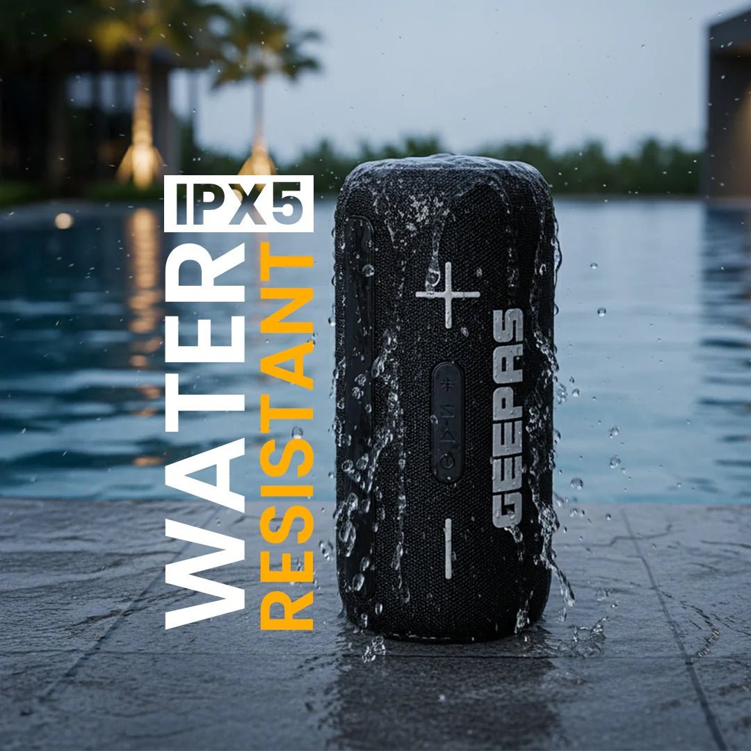 Geepas GMS11201 Water Resistant Bluetooth Speaker | Portable Wireless Design with Long Battery Life, 10m Bluetooth Range, Powerful Sound, Built - in Mic & Easy Connectivity - Al Kabayel Discount CentreGeepas GMS11201 Water Resistant Bluetooth Speaker | Portable Wireless Design with Long Battery Life, 10m Bluetooth Range, Powerful Sound, Built - in Mic & Easy ConnectivityElectronic AppliancesGEEPASAl Kabayel Discount Centre