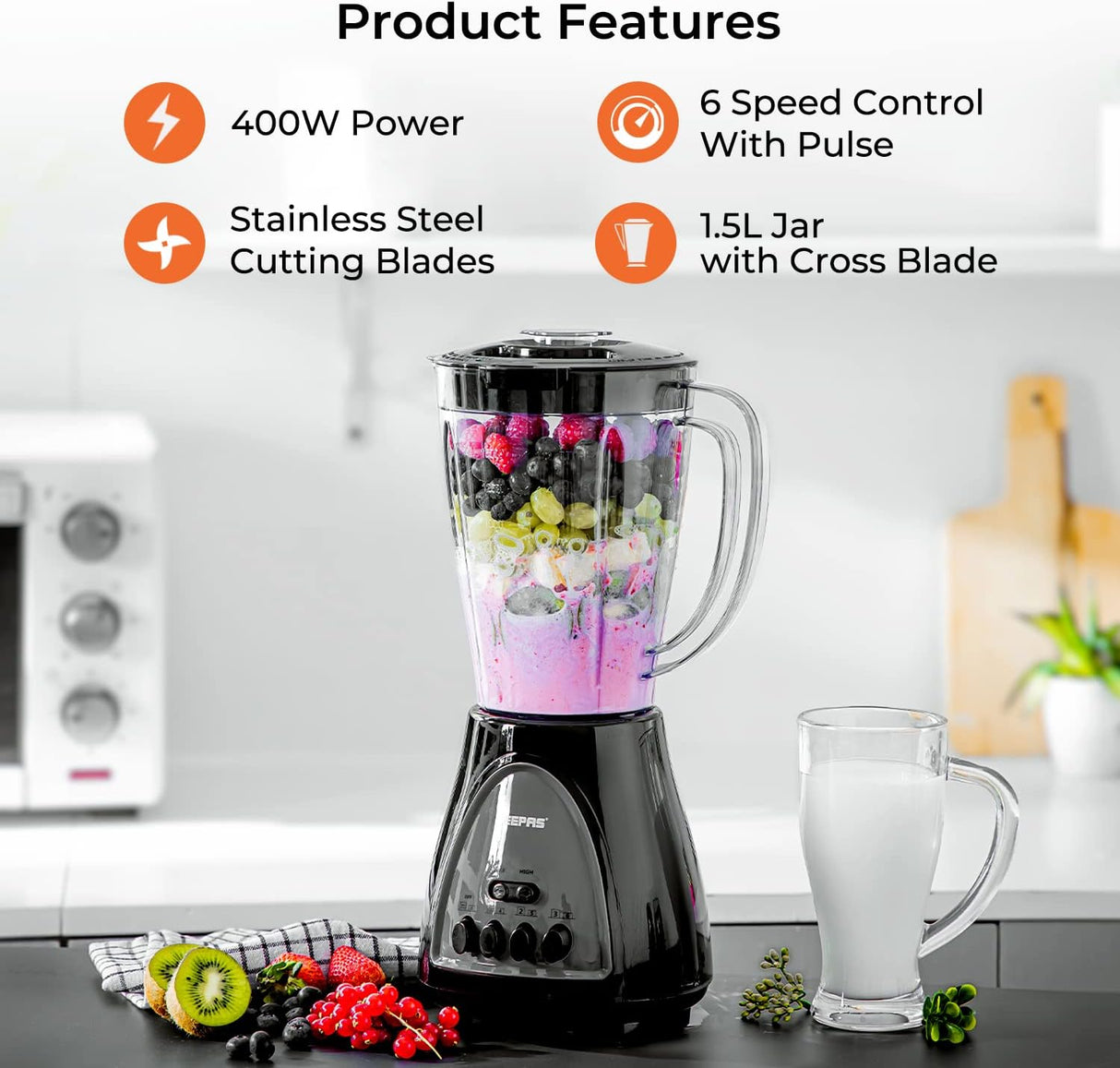 Geepas GSB44034 3 in 1 Blender, Powerful Motor 600W, Stainless Steel Cutting Blades, 3 Speed with Pulse Function, 1.8L Jar Juice Extractor for Whole Fruits Vegetables, Ice Crusher, White - Al Kabayel Discount CentreGeepas GSB44034 3 in 1 Blender, Powerful Motor 600W, Stainless Steel Cutting Blades, 3 Speed with Pulse Function, 1.8L Jar Juice Extractor for Whole Fruits Vegetables, Ice Crusher, WhiteBlenders, Mixers & Food ProcessorsGEEPASAl Kabayel Discount Centre