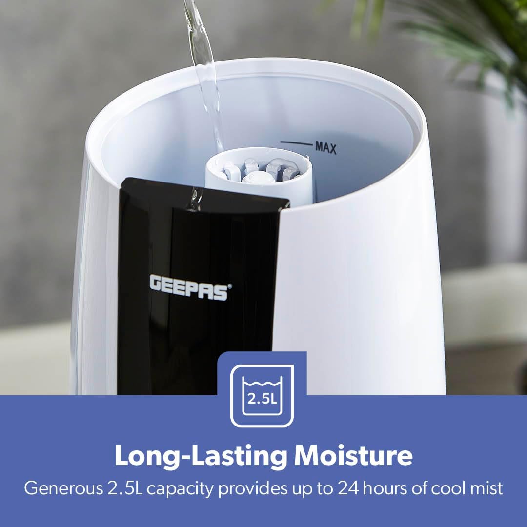Geepas Humidifier for Bedroom, 2.6L Top Fill Cool Mist Large Room, 360° Rotatable, Night Light Auto Mode, 35dB Noise Level Humidifiers for Baby, Essential Oil Diffuser, Baby, Home, Work - Al Kabayel Discount CentreGeepas Humidifier for Bedroom, 2.6L Top Fill Cool Mist Large Room, 360° Rotatable, Night Light Auto Mode, 35dB Noise Level Humidifiers for Baby, Essential Oil Diffuser, Baby, Home, WorkHome Décor AccentsGEEPASAl Kabayel Discount Centre