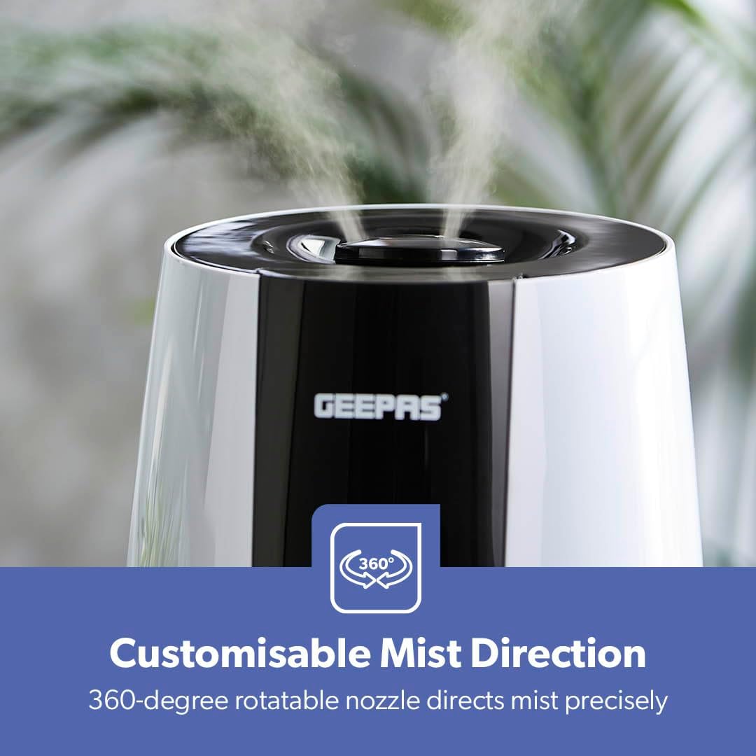 Geepas Humidifier for Bedroom, 2.6L Top Fill Cool Mist Large Room, 360° Rotatable, Night Light Auto Mode, 35dB Noise Level Humidifiers for Baby, Essential Oil Diffuser, Baby, Home, Work - Al Kabayel Discount CentreGeepas Humidifier for Bedroom, 2.6L Top Fill Cool Mist Large Room, 360° Rotatable, Night Light Auto Mode, 35dB Noise Level Humidifiers for Baby, Essential Oil Diffuser, Baby, Home, WorkHome Décor AccentsGEEPASAl Kabayel Discount Centre