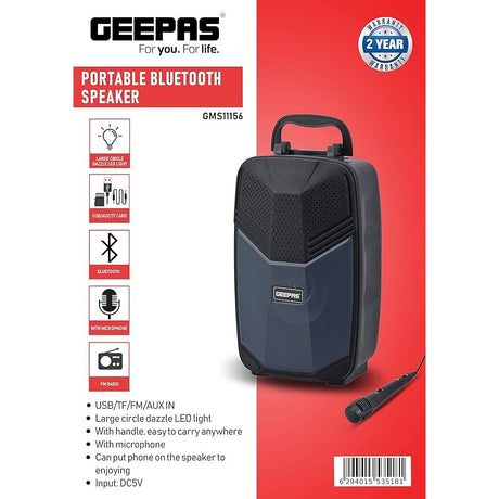 Geepas Portable Bluetooth Speaker, With Microphone, GMS11156 USB/TF/FM/AUX IN Large Circle Dazzle LED Light Portable & Lightweight Ideal For Home, Hotels & Outdoor Use, Black - Al Kabayel Dicount CenterGeepas Portable Bluetooth Speaker, With Microphone, GMS11156 USB/TF/FM/AUX IN Large Circle Dazzle LED Light Portable & Lightweight Ideal For Home, Hotels & Outdoor Use, BlackPortable Bluetooth SpeakersgeepassAl Kabayel Dicount Center