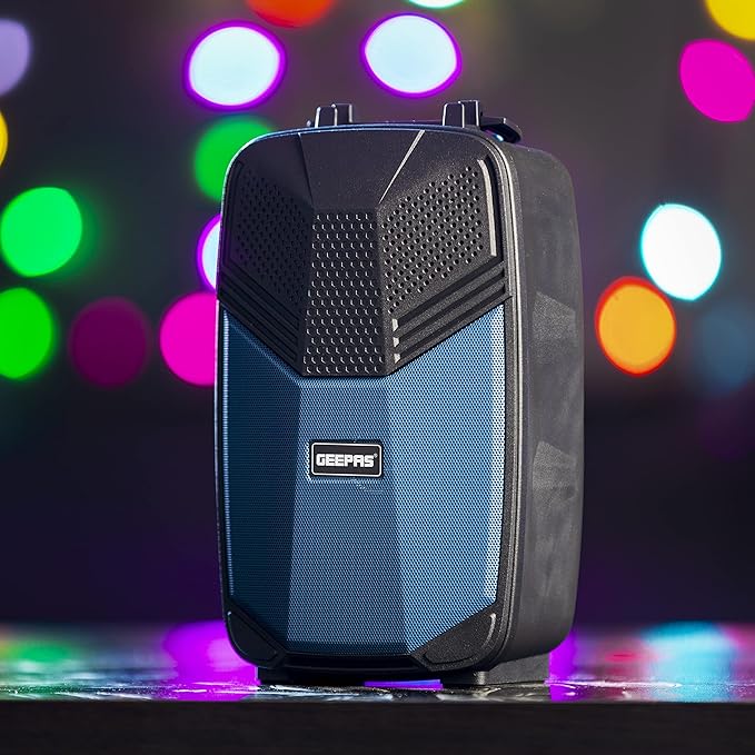 Geepas Portable Bluetooth Speaker, With Microphone, GMS11156 USB/TF/FM/AUX IN Large Circle Dazzle LED Light Portable & Lightweight Ideal For Home, Hotels & Outdoor Use, Black - Al Kabayel Dicount CenterGeepas Portable Bluetooth Speaker, With Microphone, GMS11156 USB/TF/FM/AUX IN Large Circle Dazzle LED Light Portable & Lightweight Ideal For Home, Hotels & Outdoor Use, BlackPortable Bluetooth SpeakersgeepassAl Kabayel Dicount Center