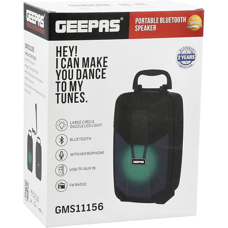 Geepas Portable Bluetooth Speaker, With Microphone, GMS11156 USB/TF/FM/AUX IN Large Circle Dazzle LED Light Portable & Lightweight Ideal For Home, Hotels & Outdoor Use, Black - Al Kabayel Dicount CenterGeepas Portable Bluetooth Speaker, With Microphone, GMS11156 USB/TF/FM/AUX IN Large Circle Dazzle LED Light Portable & Lightweight Ideal For Home, Hotels & Outdoor Use, BlackPortable Bluetooth SpeakersgeepassAl Kabayel Dicount Center