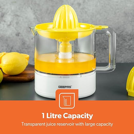 Geepas Portable Citrus Juicer Set Non Slip Feet Transparent Lid Plastic Body Effortless Juicer with 2 Cones Bi - Direction Twist for Quick Nutritious Juices 1 L 25 W GCJ9900 Yellow/White - Al Kabayel Dicount CenterGeepas Portable Citrus Juicer Set Non Slip Feet Transparent Lid Plastic Body Effortless Juicer with 2 Cones Bi - Direction Twist for Quick Nutritious Juices 1 L 25 W GCJ9900 Yellow/Whitefood and drink appliancesgeepassAl Kabayel Dicount Center