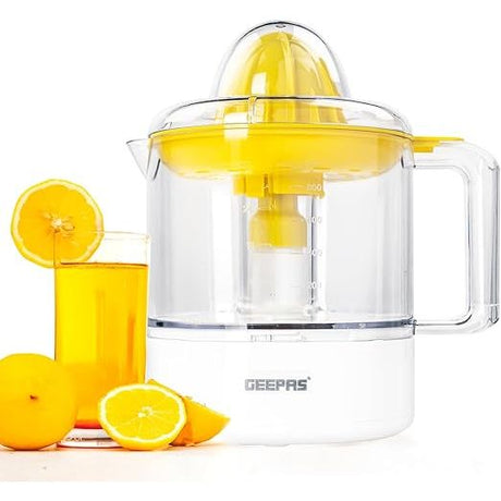 Geepas Portable Citrus Juicer Set Non Slip Feet Transparent Lid Plastic Body Effortless Juicer with 2 Cones Bi - Direction Twist for Quick Nutritious Juices 1 L 25 W GCJ9900 Yellow/White - Al Kabayel Dicount CenterGeepas Portable Citrus Juicer Set Non Slip Feet Transparent Lid Plastic Body Effortless Juicer with 2 Cones Bi - Direction Twist for Quick Nutritious Juices 1 L 25 W GCJ9900 Yellow/Whitefood and drink appliancesgeepassAl Kabayel Dicount Center