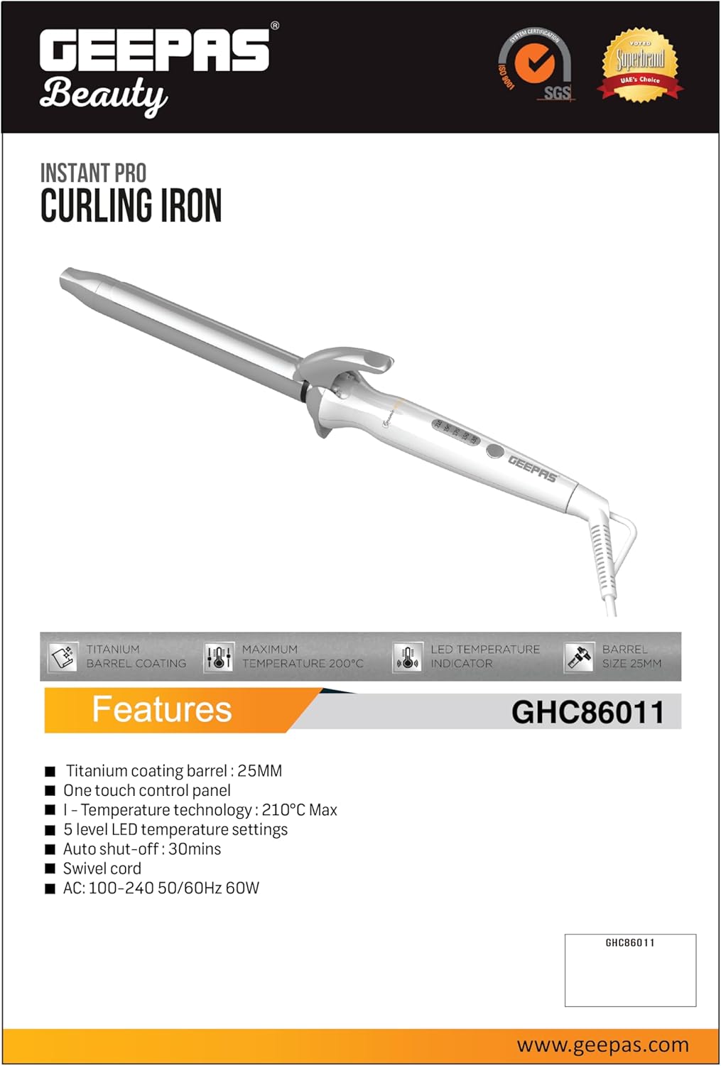 Geepas Portable Instant Pro Curling Iron with Titanium Barrel Coating, Auto - Shut Off 30 - minutes Timer & 5 - level Auto Shut Off - GHC86011 - Al Kabayel Discount CentreGeepas Portable Instant Pro Curling Iron with Titanium Barrel Coating, Auto - Shut Off 30 - minutes Timer & 5 - level Auto Shut Off - GHC86011Hair StraightenerGEEPASAl Kabayel Discount Centre