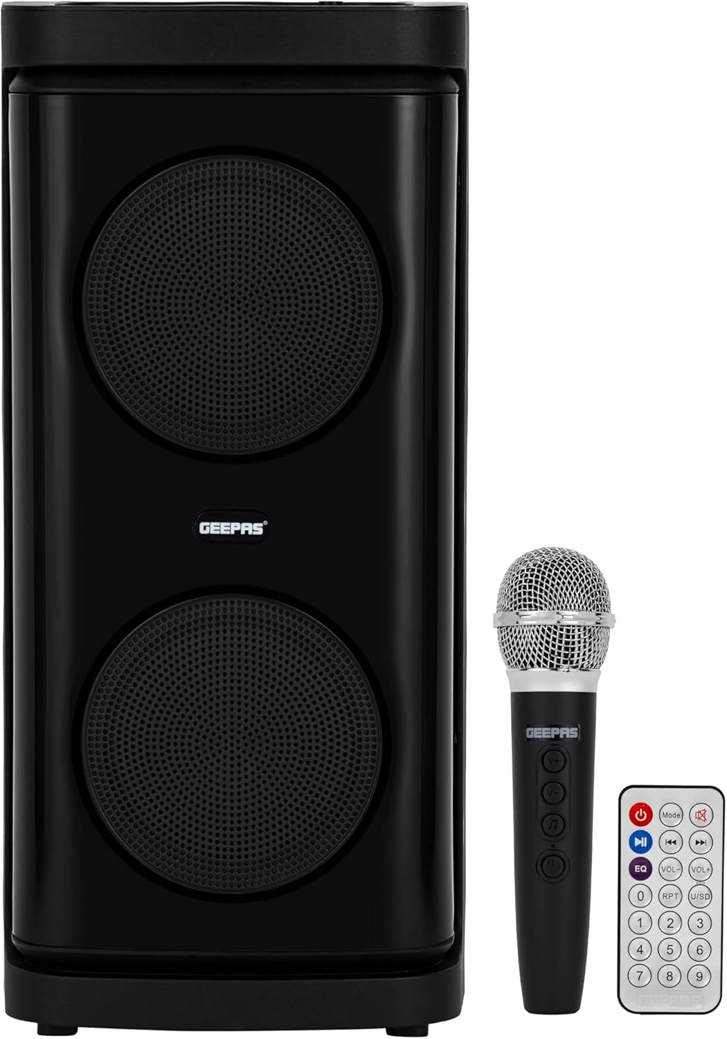 Geepas Rechargeable Portable Speaker - GMS11193/ RGB Light, USB Input, TF, TWS, FM Radio, VHF Microphone, Bluetooth/ 20000W PMPO Speakers Unit, with Remote Control - Al Kabayel Discount CentreGeepas Rechargeable Portable Speaker - GMS11193/ RGB Light, USB Input, TF, TWS, FM Radio, VHF Microphone, Bluetooth/ 20000W PMPO Speakers Unit, with Remote ControlElectronic AppliancesGEEPASAl Kabayel Discount Centre