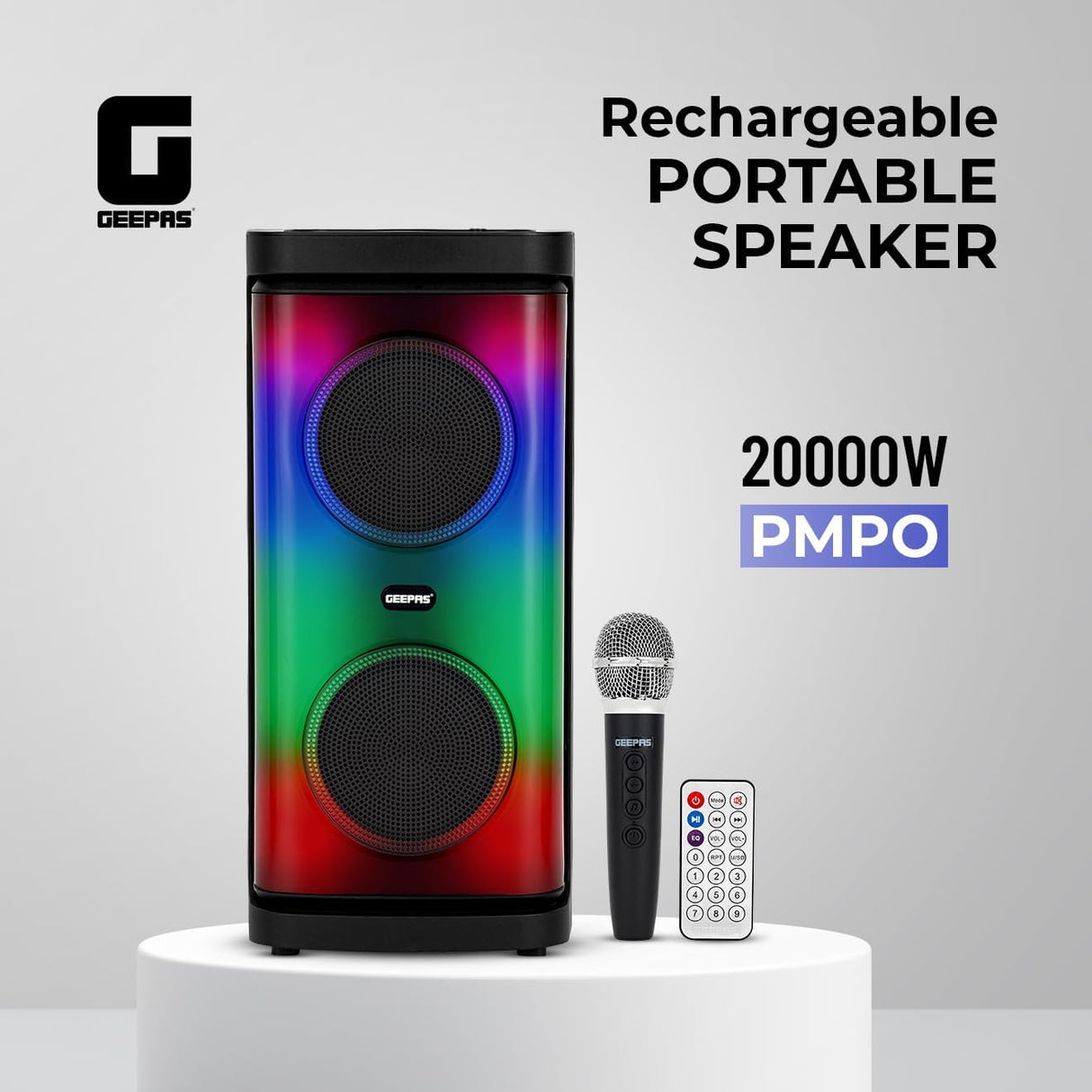Geepas Rechargeable Portable Speaker - GMS11193/ RGB Light, USB Input, TF, TWS, FM Radio, VHF Microphone, Bluetooth/ 20000W PMPO Speakers Unit, with Remote Control - Al Kabayel Discount CentreGeepas Rechargeable Portable Speaker - GMS11193/ RGB Light, USB Input, TF, TWS, FM Radio, VHF Microphone, Bluetooth/ 20000W PMPO Speakers Unit, with Remote ControlElectronic AppliancesGEEPASAl Kabayel Discount Centre