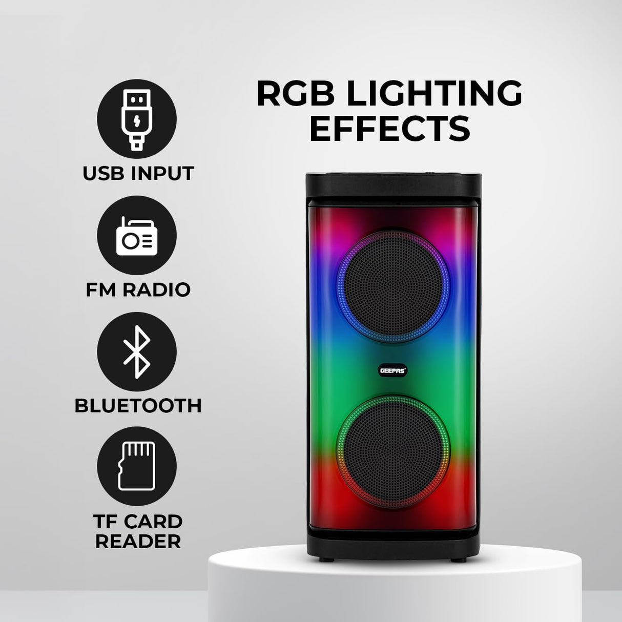 Geepas Rechargeable Portable Speaker - GMS11193/ RGB Light, USB Input, TF, TWS, FM Radio, VHF Microphone, Bluetooth/ 20000W PMPO Speakers Unit, with Remote Control - Al Kabayel Discount CentreGeepas Rechargeable Portable Speaker - GMS11193/ RGB Light, USB Input, TF, TWS, FM Radio, VHF Microphone, Bluetooth/ 20000W PMPO Speakers Unit, with Remote ControlElectronic AppliancesGEEPASAl Kabayel Discount Centre