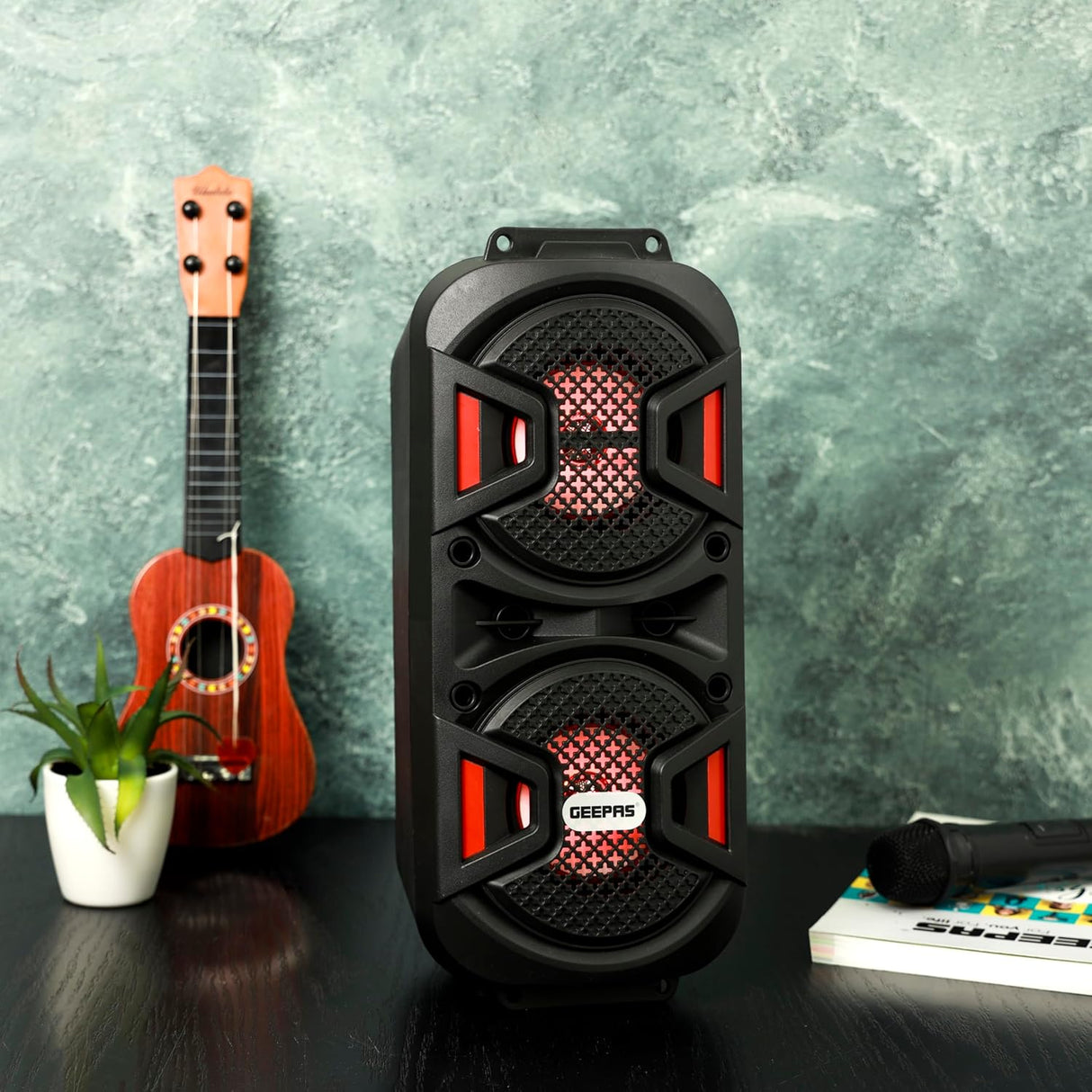 Geepas Rechargeable Portable Speaker - Portable Handle with 1500 MAH Huge Battery| TWS Connection & Compatible with BT/USB/AUX/FM/Micro SD | Ideal for Home, Hotels, Trips & Outdoor Use - Al Kabayel Discount CentreGeepas Rechargeable Portable Speaker - Portable Handle with 1500 MAH Huge Battery| TWS Connection & Compatible with BT/USB/AUX/FM/Micro SD | Ideal for Home, Hotels, Trips & Outdoor UseElectronic AppliancesGEEPASAl Kabayel Discount Centre