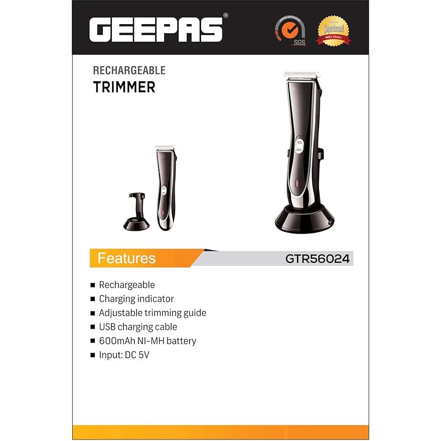 Geepas - Rechargeable Trimmer, Adjustable Trimming Guide, GTR56024 | Cordless Trimmer for Men's Beard | Charging Indicators | Hair Clipper & Beard Stubble Trimmer Kit - Al Kabayel Dicount CenterGeepas - Rechargeable Trimmer, Adjustable Trimming Guide, GTR56024 | Cordless Trimmer for Men's Beard | Charging Indicators | Hair Clipper & Beard Stubble Trimmer KittrimmergeepassAl Kabayel Dicount Center