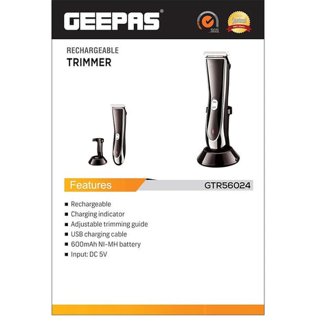 Geepas - Rechargeable Trimmer, Adjustable Trimming Guide, GTR56024 | Cordless Trimmer for Men's Beard | Charging Indicators | Hair Clipper & Beard Stubble Trimmer Kit - Al Kabayel Dicount CenterGeepas - Rechargeable Trimmer, Adjustable Trimming Guide, GTR56024 | Cordless Trimmer for Men's Beard | Charging Indicators | Hair Clipper & Beard Stubble Trimmer KittrimmergeepassAl Kabayel Dicount Center