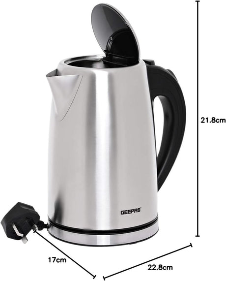 Geepas Stainless Steel Electric Kettle 1850 Watts, Silver, 1.8 Litre, Gk6123 - Al Kabayel Discount CentreGeepas Stainless Steel Electric Kettle 1850 Watts, Silver, 1.8 Litre, Gk6123Electric KettlesGEEPASAl Kabayel Discount Centre