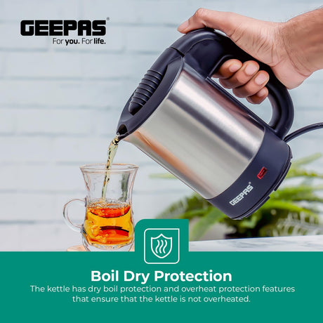 Geepas Stainless Steel Travel Kettle, Silver/Black, 1100 W, 0.5 L, GK175 - Al Kabayel Discount CentreGeepas Stainless Steel Travel Kettle, Silver/Black, 1100 W, 0.5 L, GK175Electric KettlesGEEPASAl Kabayel Discount Centre