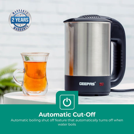 Geepas Stainless Steel Travel Kettle, Silver/Black, 1100 W, 0.5 L, GK175 - Al Kabayel Discount CentreGeepas Stainless Steel Travel Kettle, Silver/Black, 1100 W, 0.5 L, GK175Electric KettlesGEEPASAl Kabayel Discount Centre