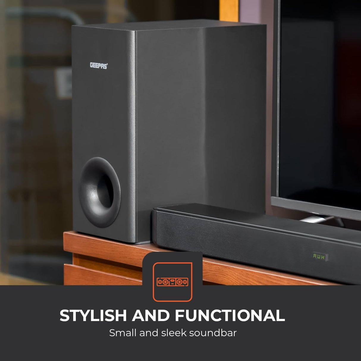 Geepas Wireless Sound Bar - GMS11173| USB/AUX/Bluetooth/HDMI | Sound Bar System with Wireless Subwoofer, Connect to TV, Mobile, Laptop & More - Al Kabayel Discount CentreGeepas Wireless Sound Bar - GMS11173| USB/AUX/Bluetooth/HDMI | Sound Bar System with Wireless Subwoofer, Connect to TV, Mobile, Laptop & MoreElectronic AppliancesGEEPASAl Kabayel Discount Centre