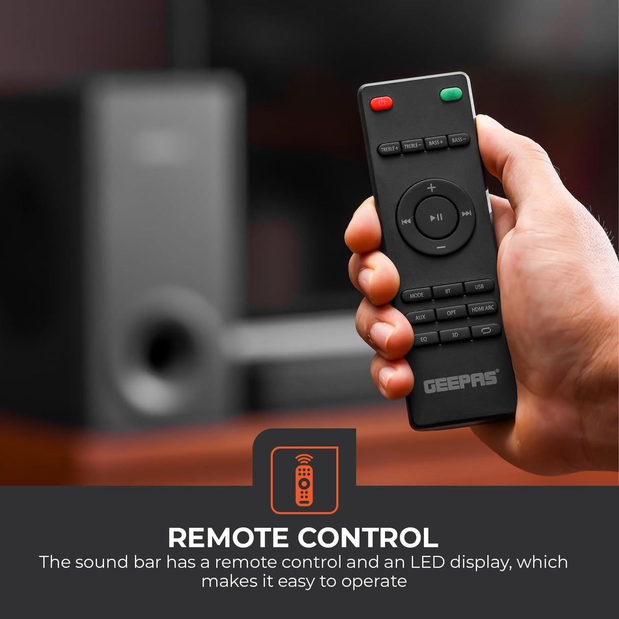Geepas Wireless Sound Bar - GMS11173| USB/AUX/Bluetooth/HDMI | Sound Bar System with Wireless Subwoofer, Connect to TV, Mobile, Laptop & More - Al Kabayel Discount CentreGeepas Wireless Sound Bar - GMS11173| USB/AUX/Bluetooth/HDMI | Sound Bar System with Wireless Subwoofer, Connect to TV, Mobile, Laptop & MoreElectronic AppliancesGEEPASAl Kabayel Discount Centre