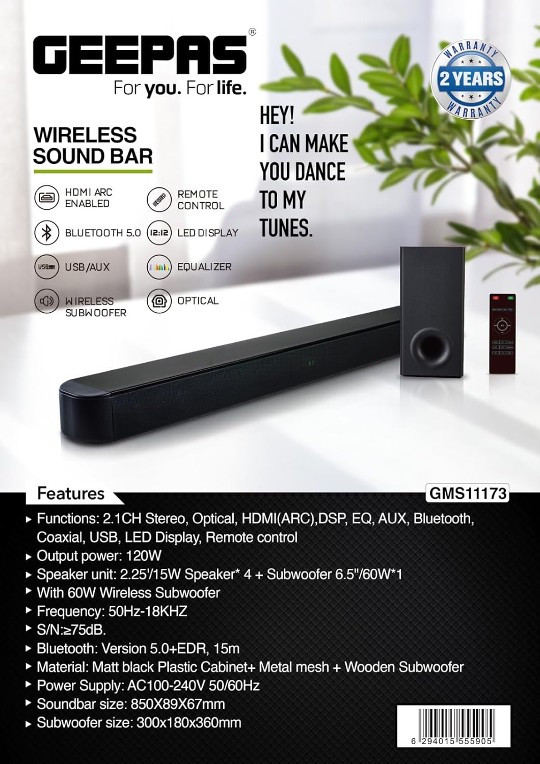 Geepas Wireless Sound Bar - GMS11173| USB/AUX/Bluetooth/HDMI | Sound Bar System with Wireless Subwoofer, Connect to TV, Mobile, Laptop & More - Al Kabayel Discount CentreGeepas Wireless Sound Bar - GMS11173| USB/AUX/Bluetooth/HDMI | Sound Bar System with Wireless Subwoofer, Connect to TV, Mobile, Laptop & MoreElectronic AppliancesGEEPASAl Kabayel Discount Centre