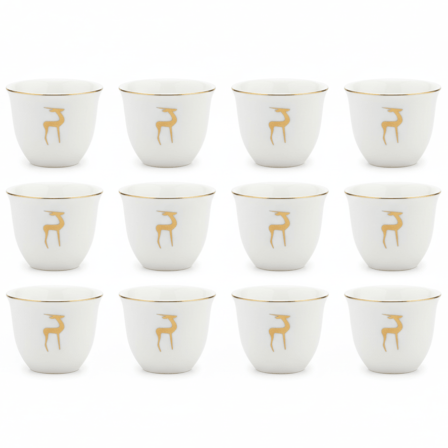 Germax Classic White Ceramic Arabic Cawa Cups Set of 12 Gold Rim Deer Motif Traditional Gahwa Coffee Cups 80 ml - Al Kabayel Discount CentreGermax Classic White Ceramic Arabic Cawa Cups Set of 12 Gold Rim Deer Motif Traditional Gahwa Coffee Cups 80 mlTea CupsGERMAXAl Kabayel Discount Centre