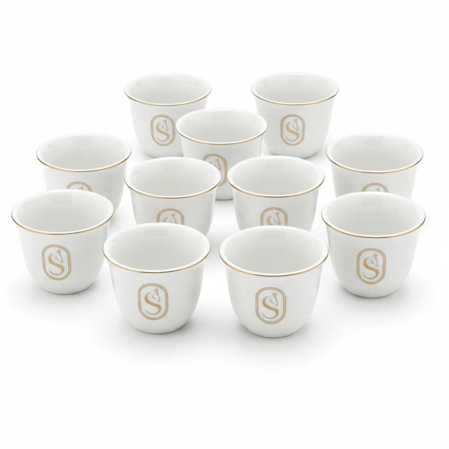 Germax Elegant White Ceramic Cawa Coffee Cups Set of 12 with Gold Rim Horse Design Traditional Arabic Finjan Set 80 ml - Al Kabayel Discount CentreGermax Elegant White Ceramic Cawa Coffee Cups Set of 12 with Gold Rim Horse Design Traditional Arabic Finjan Set 80 mlTea CupsGERMAXAl Kabayel Discount Centre