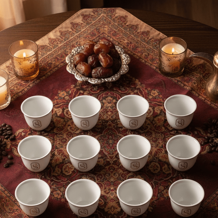 Germax Elegant White Ceramic Cawa Coffee Cups Set of 12 with Gold Rim Horse Design Traditional Arabic Finjan Set 80 ml - Al Kabayel Discount CentreGermax Elegant White Ceramic Cawa Coffee Cups Set of 12 with Gold Rim Horse Design Traditional Arabic Finjan Set 80 mlTea CupsGERMAXAl Kabayel Discount Centre