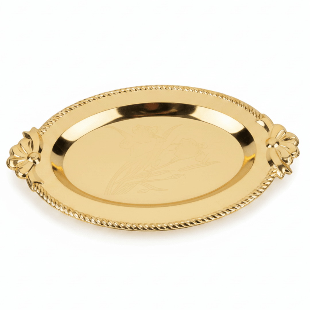 Germax Gold Metal Oval Serving Tray – 27×18 cm | Decorative Hospitality Tray with Floral Handles - Al Kabayel Discount CentreGermax Gold Metal Oval Serving Tray – 27×18 cm | Decorative Hospitality Tray with Floral HandlesServing TraysGERMAXAl Kabayel Discount Centre