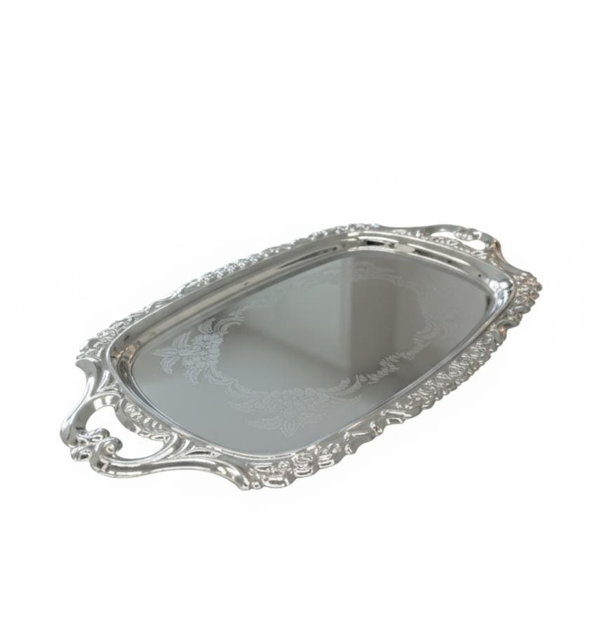 Germax Oval Steel Tray – Elegant Silver Pattern | 17×30 cm Decorative Home Accent - Al Kabayel Discount CentreGermax Oval Steel Tray – Elegant Silver Pattern | 17×30 cm Decorative Home AccentServing TraysGERMAXAl Kabayel Discount Centre