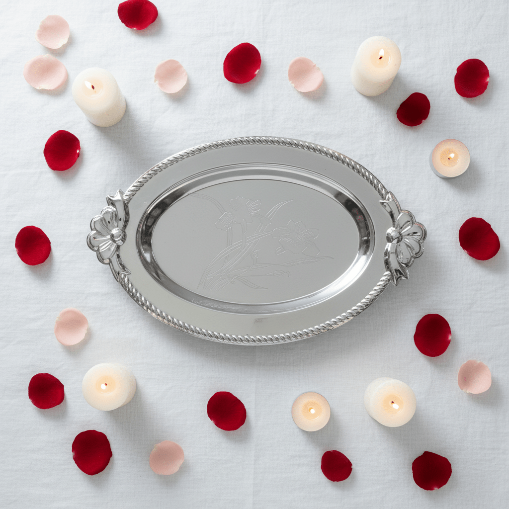 Germax Silver Oval Serving Tray – 27×18 cm | Engraved Floral Design with Decorative Handles - Al Kabayel Discount CentreGermax Silver Oval Serving Tray – 27×18 cm | Engraved Floral Design with Decorative HandlesServing TraysGERMAXAl Kabayel Discount Centre