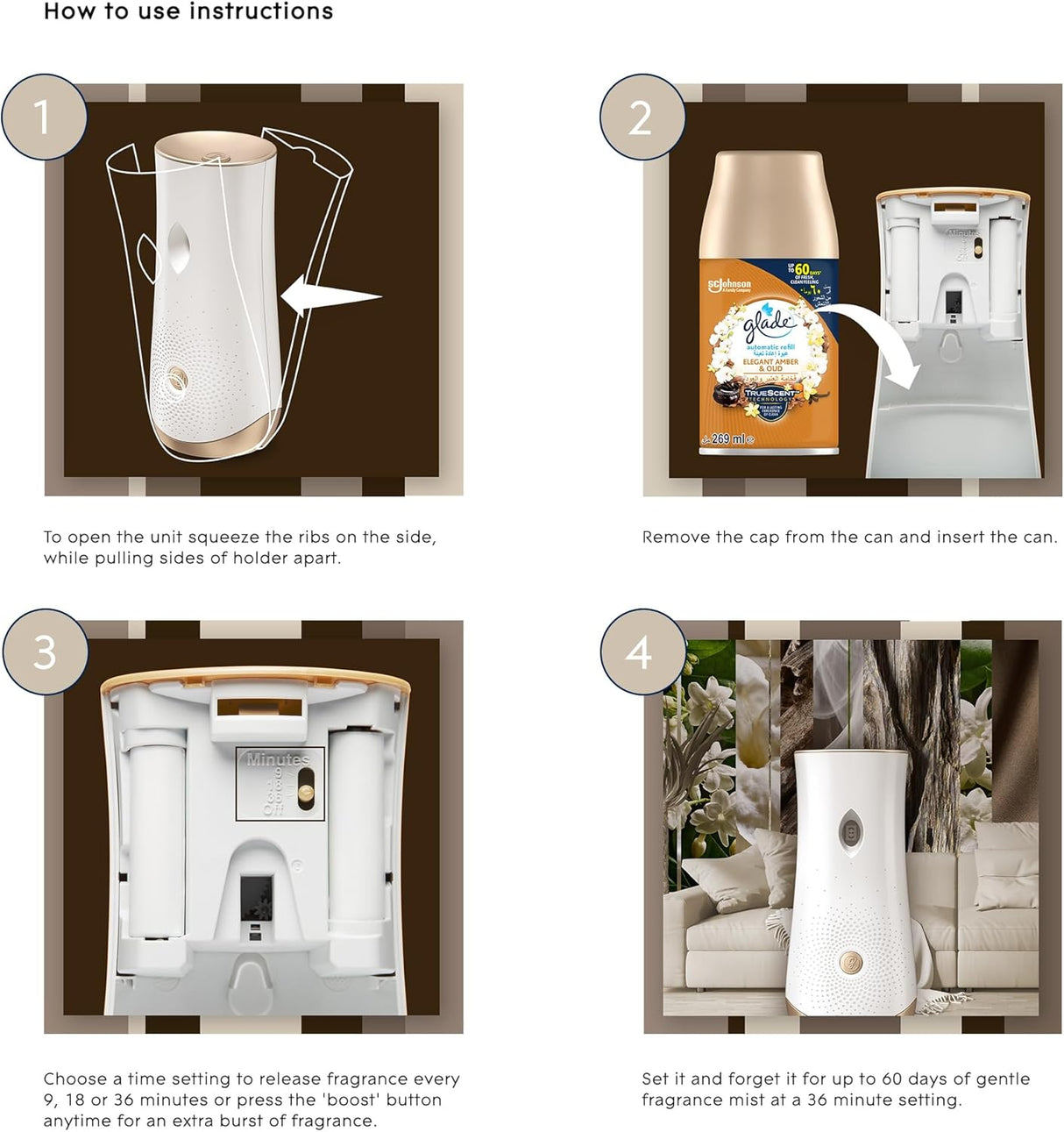 Glade Automatic Spray Holder With Elegant Amber & Oud Air Freshener , 269ml - Al Kabayel Discount CentreGlade Automatic Spray Holder With Elegant Amber & Oud Air Freshener , 269mlAir FreshenersSC JOHNSONAl Kabayel Discount Centre
