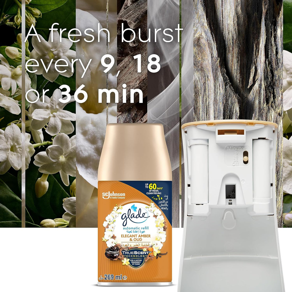 Glade Automatic Spray Holder With Elegant Amber & Oud Air Freshener , 269ml - Al Kabayel Discount CentreGlade Automatic Spray Holder With Elegant Amber & Oud Air Freshener , 269mlAir FreshenersSC JOHNSONAl Kabayel Discount Centre