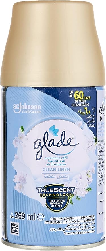 Glade Automatic Spray Refill 2 x Clean Linen & 1 x Blooming Peony & Cherry Air Freshener, For Up To 60 Days Of Automatic Freshness, 3 x 269ml - Al Kabayel Discount CentreGlade Automatic Spray Refill 2 x Clean Linen & 1 x Blooming Peony & Cherry Air Freshener, For Up To 60 Days Of Automatic Freshness, 3 x 269mlHome FragrancesGLADEAl Kabayel Discount Centre