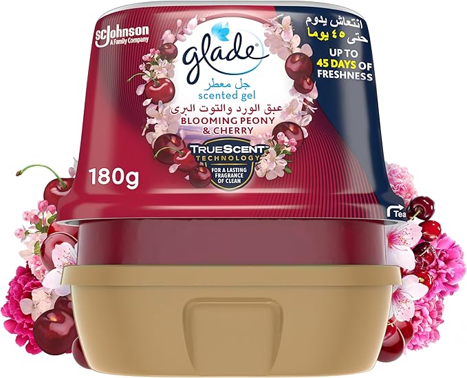 Glade Blooming Peony & Cherry Scented Gel Air Freshener, Multiple Usage Areas, Up To 45 Days Of Freshness 180g - Al Kabayel Discount CentreGlade Blooming Peony & Cherry Scented Gel Air Freshener, Multiple Usage Areas, Up To 45 Days Of Freshness 180gHome FragrancesGLADEAl Kabayel Discount Centre