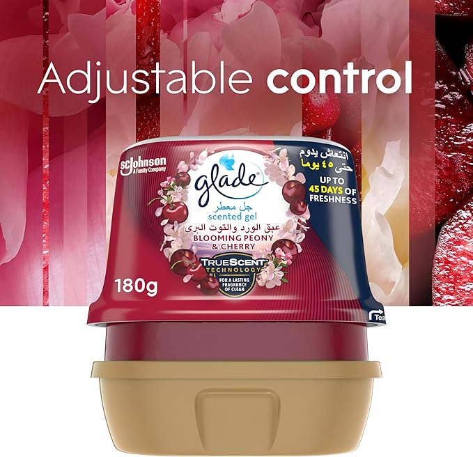 Glade Blooming Peony & Cherry Scented Gel Air Freshener, Multiple Usage Areas, Up To 45 Days Of Freshness 180g - Al Kabayel Discount CentreGlade Blooming Peony & Cherry Scented Gel Air Freshener, Multiple Usage Areas, Up To 45 Days Of Freshness 180gHome FragrancesGLADEAl Kabayel Discount Centre