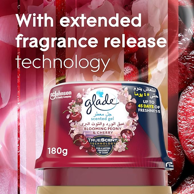 Glade Blooming Peony & Cherry Scented Gel Air Freshener, Multiple Usage Areas, Up To 45 Days Of Freshness 180g - Al Kabayel Discount CentreGlade Blooming Peony & Cherry Scented Gel Air Freshener, Multiple Usage Areas, Up To 45 Days Of Freshness 180gHome FragrancesGLADEAl Kabayel Discount Centre